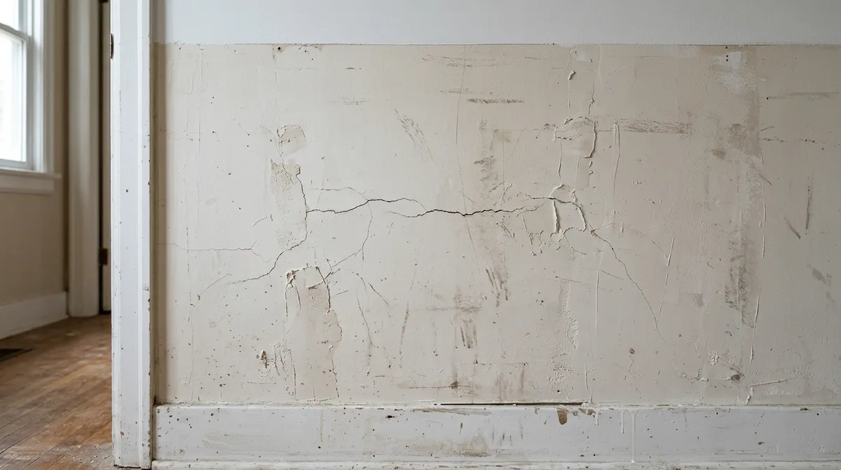 Damaged drywall with cracks and uneven paint before repair